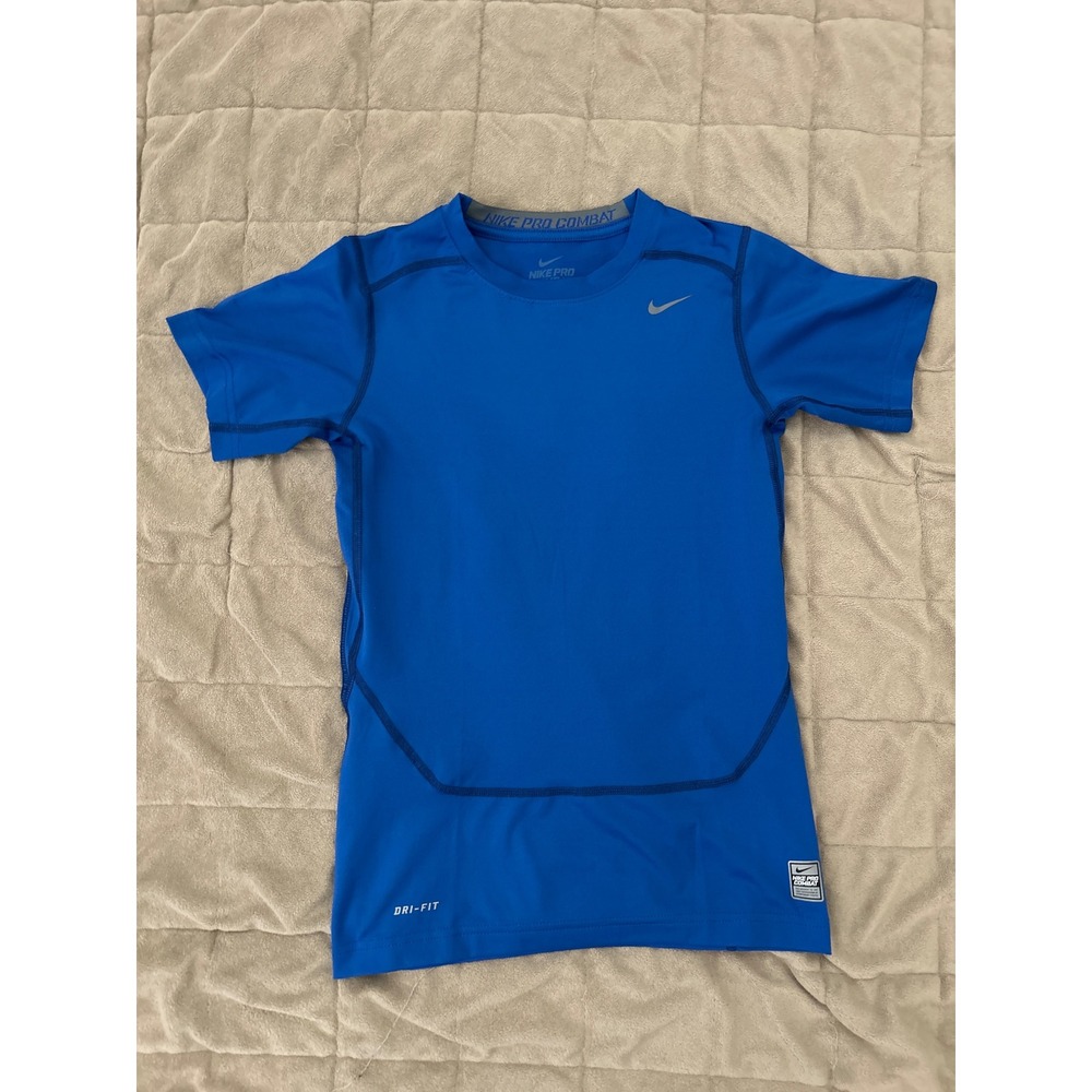 Nike Pro Combat Dri-FIT Compression Shirt Blue Short Sleeve Boys Athletic